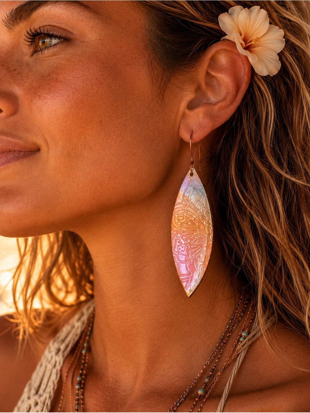 Tribal Painted Pink and Orange 
Surfboard Boho Earrings
